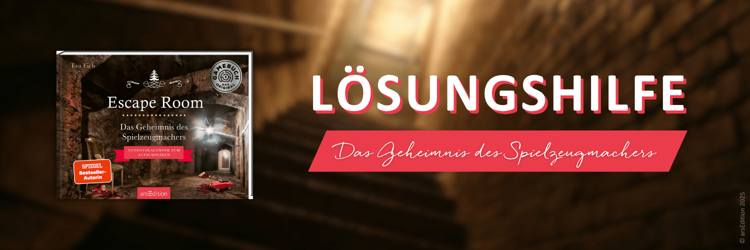 Links Buchcover "Escape Room. Das Geheimnis des Spielzeugmachers", rechts Text "Lösungshilfe Das Geheimnis des Spielzeugmachers"